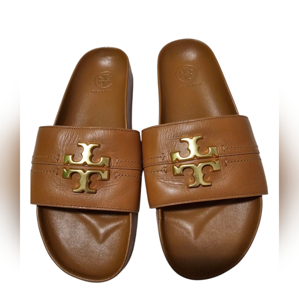 Tory Burch Brown Slide Sandals with Gold Logo like new.
